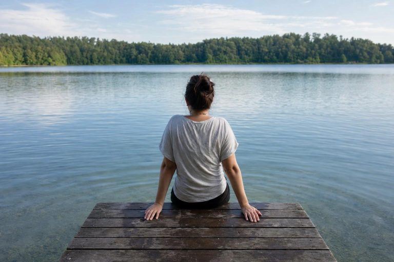 A person seen from behind sitting on the end of a dock with their legs in a calm lake