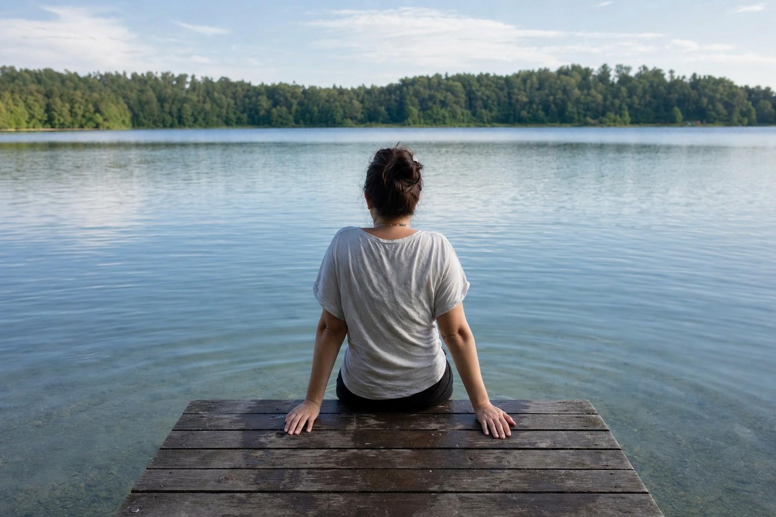 A person seen from behind sitting on the end of a dock with their legs in a calm lake