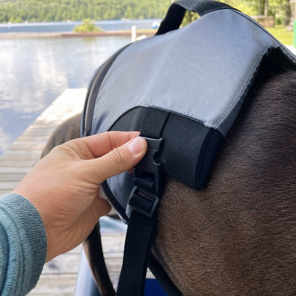Close-up of a dog life jacket buckle being fastened on a dog's back
