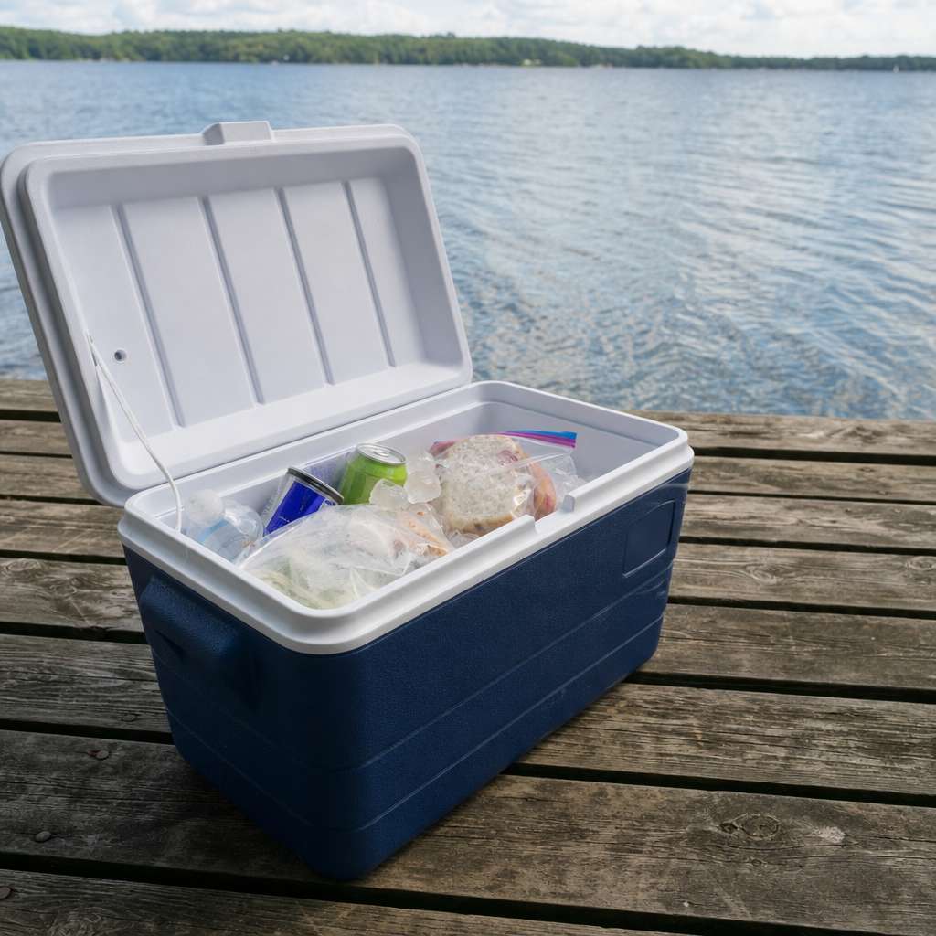 An open cooler with ice, drinks and food resting on a wooden dock, no people