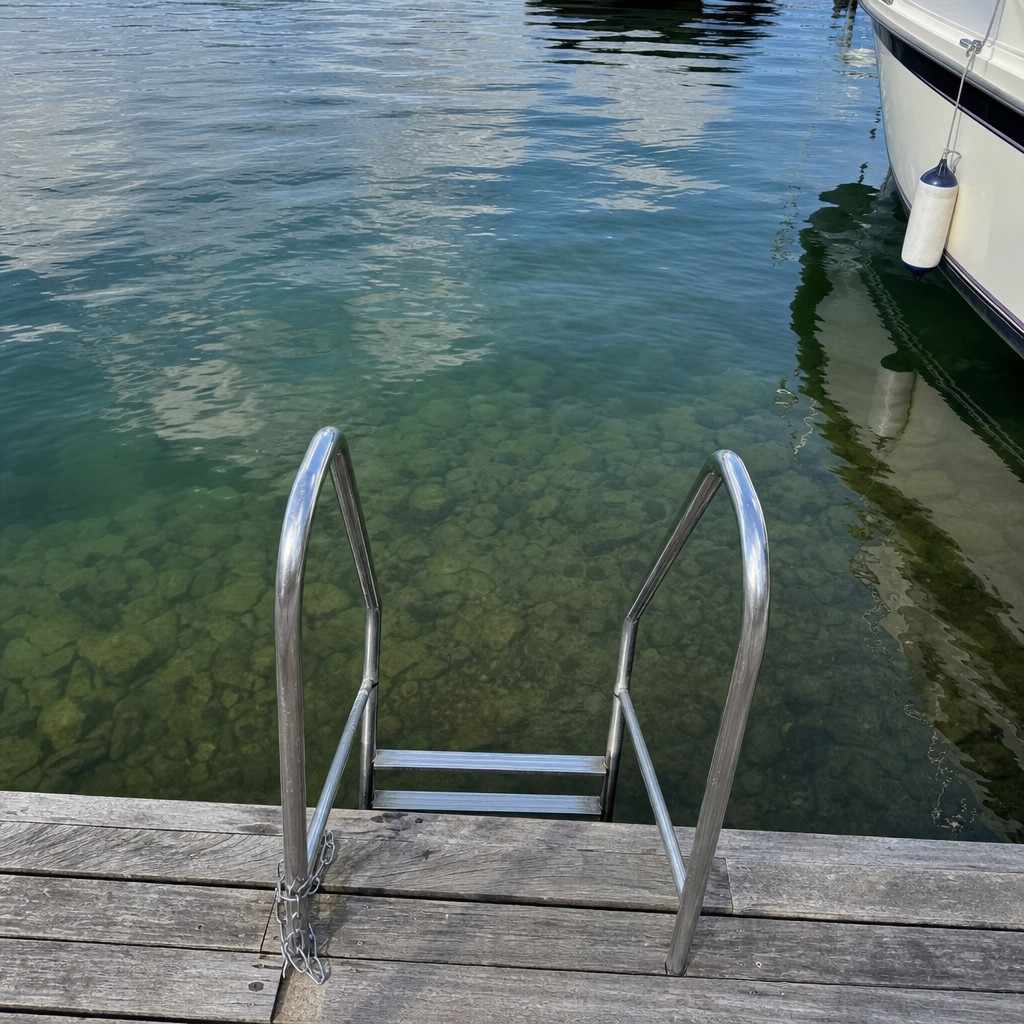 A metal swim ladder descending from a dock into clear lake water beside a moored boat