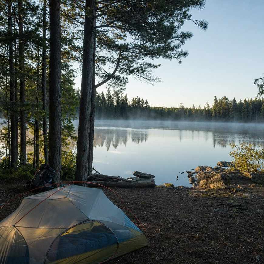 Low morning mist over a still lake at a campsite, no people