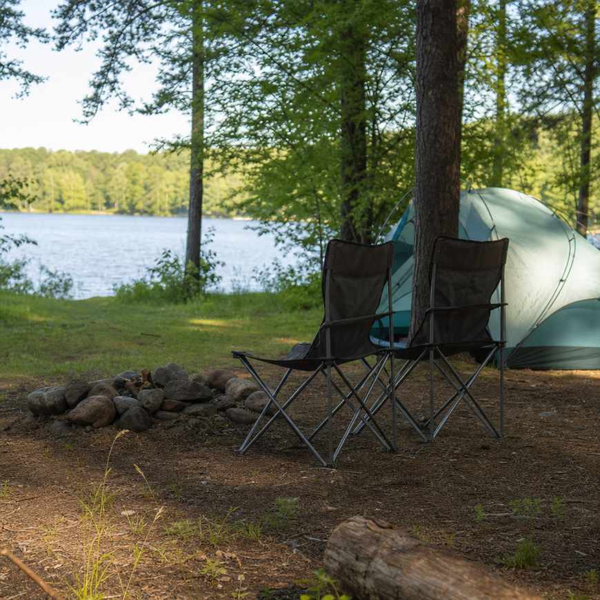 Two camp chairs beside a stone fire ring at a quiet lakeside campsite, no people