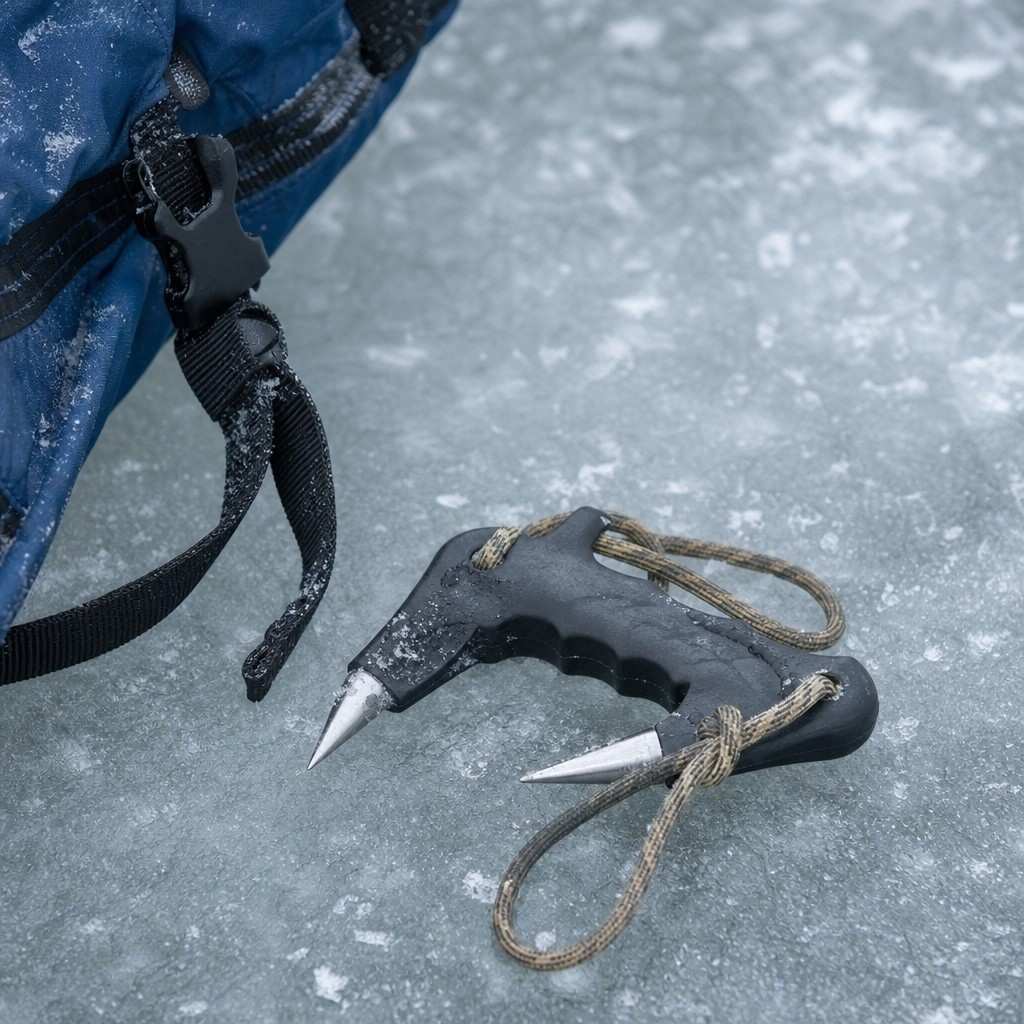 Close-up of a pair of ice picks/claws resting on icy lake surface near a life jacket strap