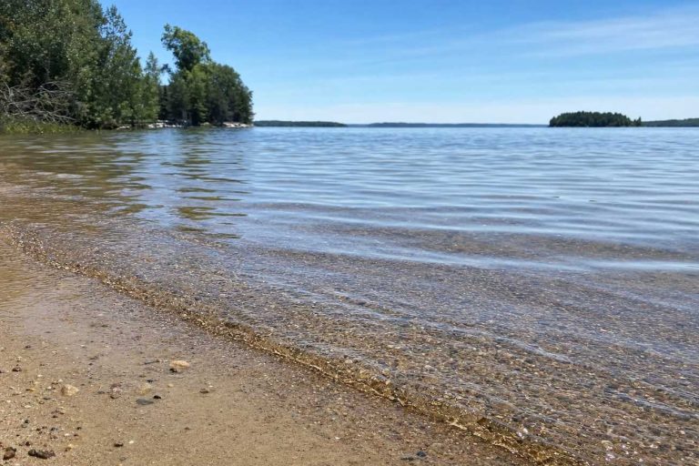 Clear shallow lake water at a sandy shoreline with light ripples catching the sun