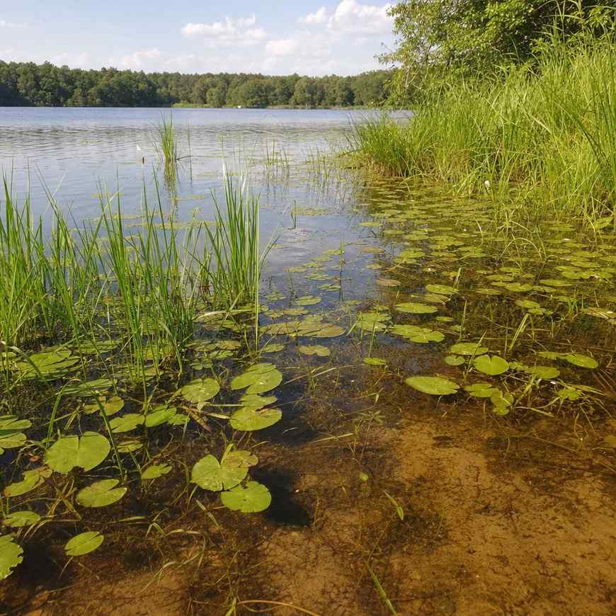 A weedy marshy lake edge with reeds and lily pads in shallow water