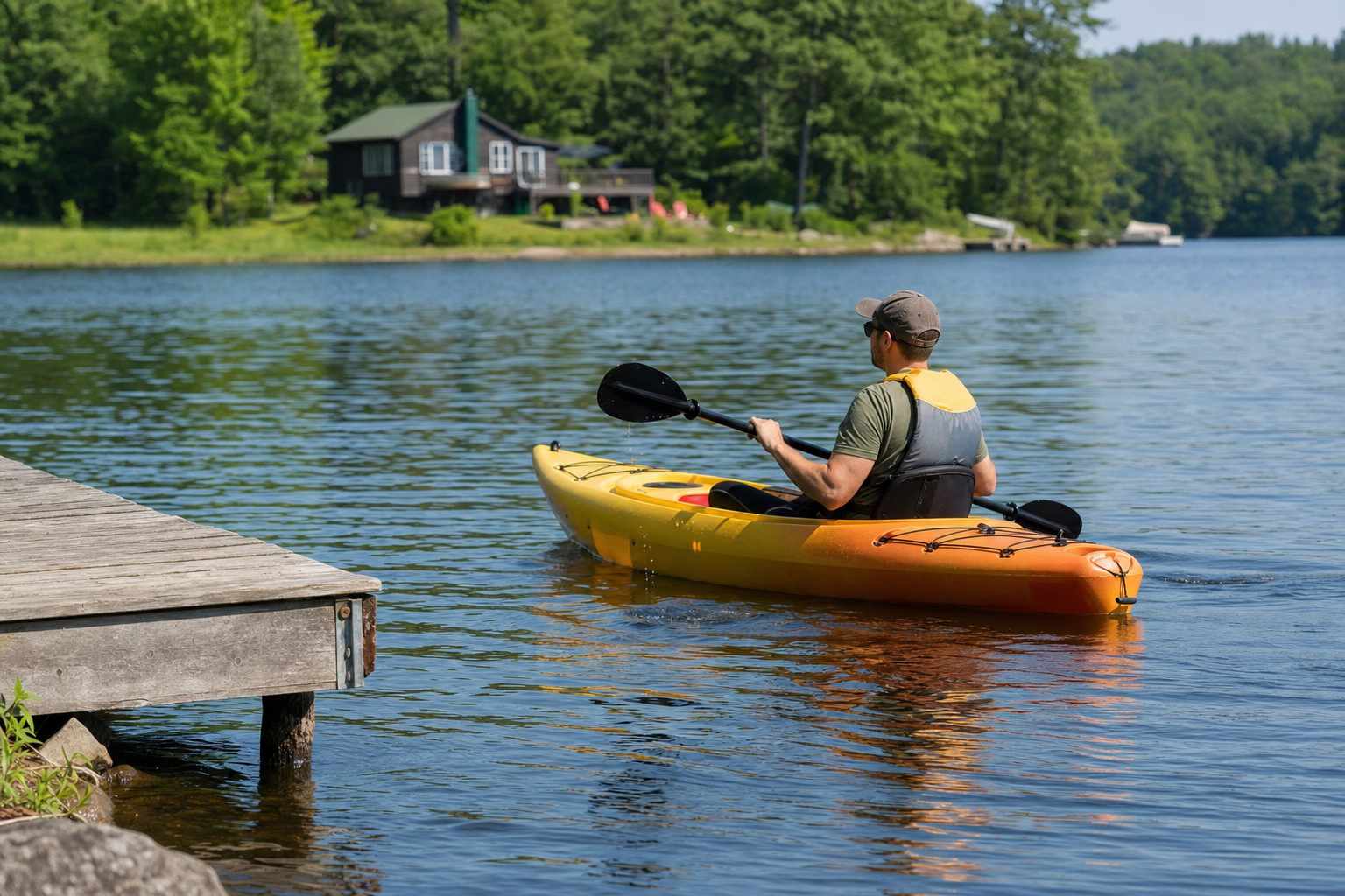 An adult wearing a life jacket paddling a sit-on-top kayak on a calm lake near a wooden dock and a small lakeside cabin