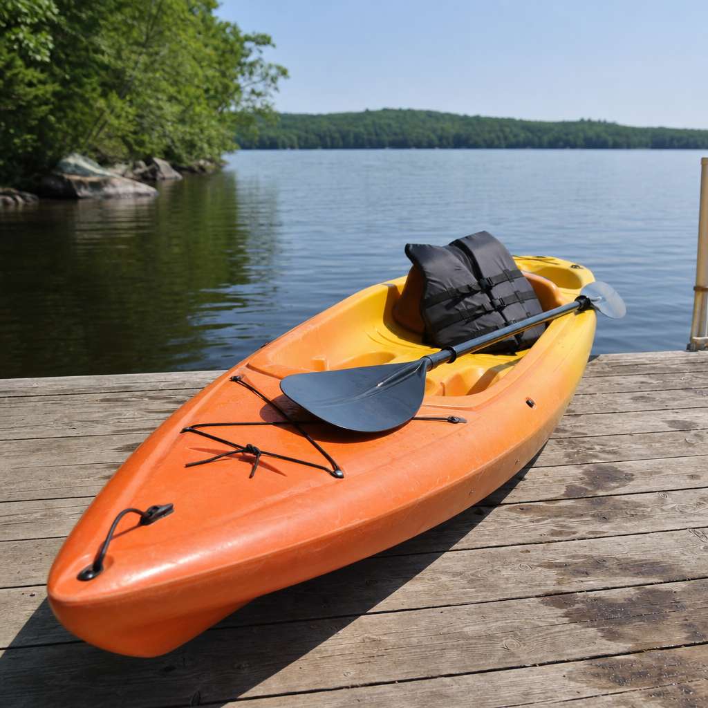 A sit-on-top kayak with a paddle and a plain life jacket resting on a weathered wooden dock beside a calm lake