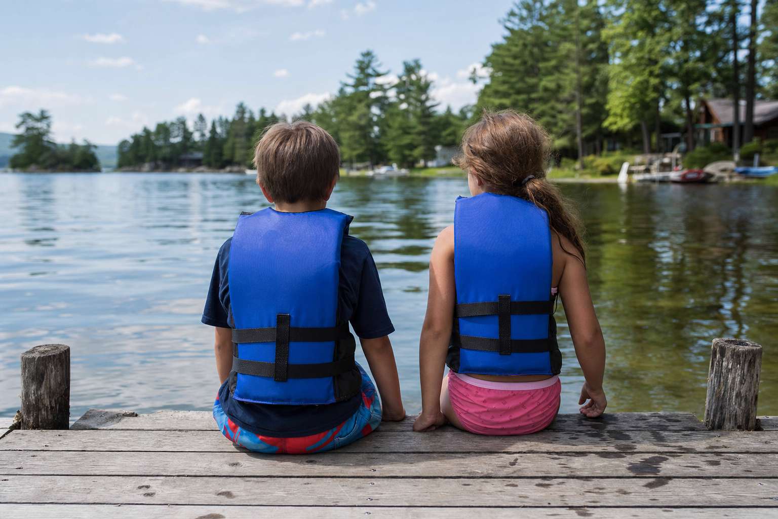 Two children in life jackets sitting on the edge of a dock with their feet over the calm water, seen from behind