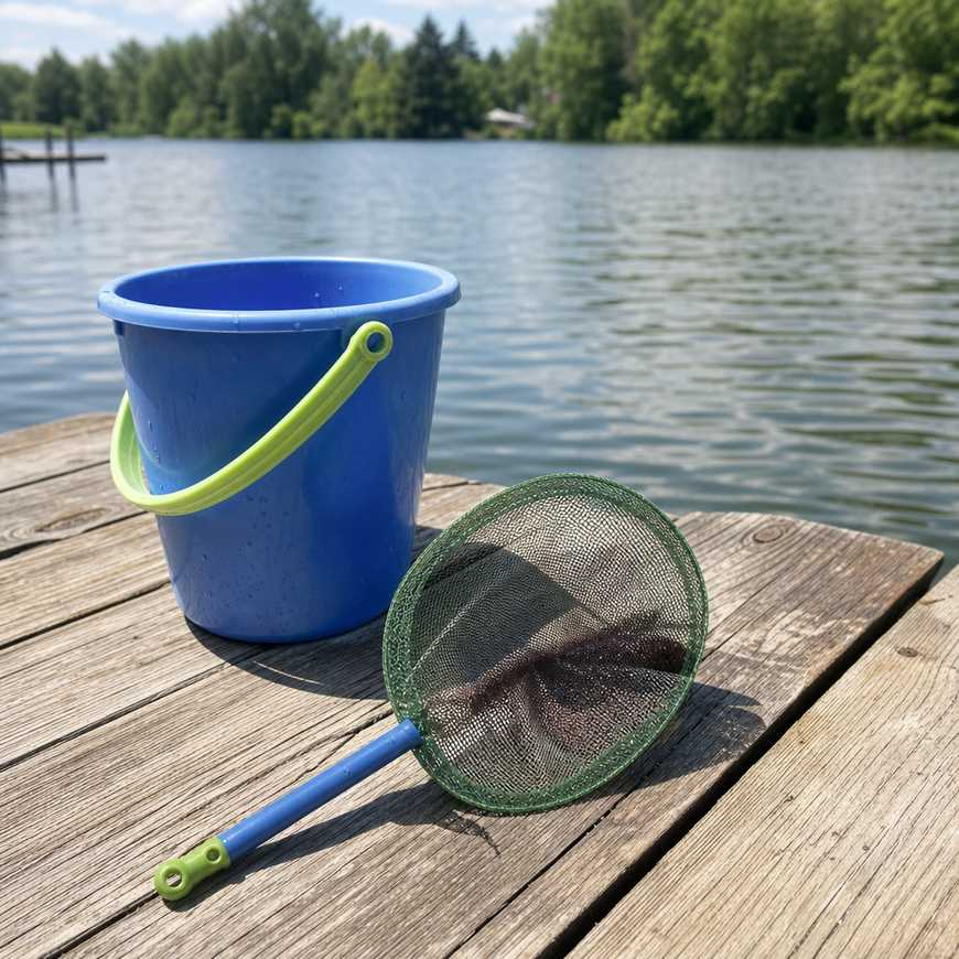 A child's bucket and a small net resting on a sunlit wooden dock beside a calm lake, no people