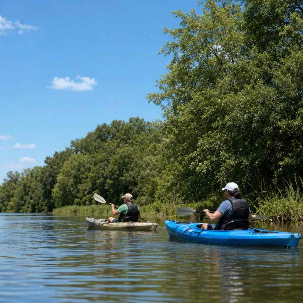 Two people in life jackets on sit-on-top kayaks staying close to a calm shoreline on a clear day
