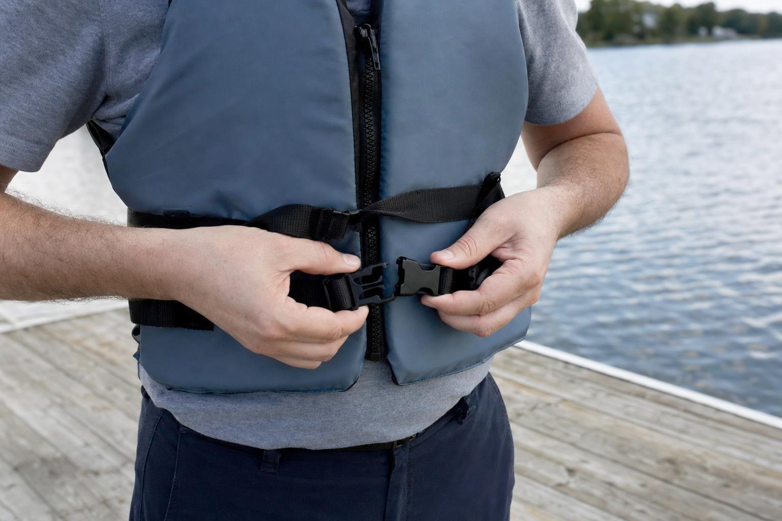 Close-up of hands fastening the buckle of a life jacket