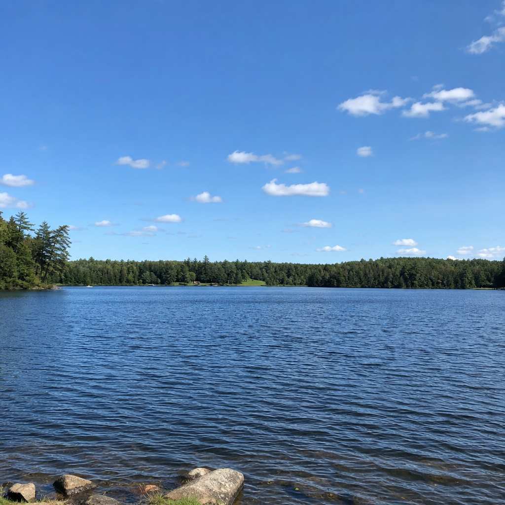 A small calm lake with light ripples and a tree-lined far shore under a bright sky, no people