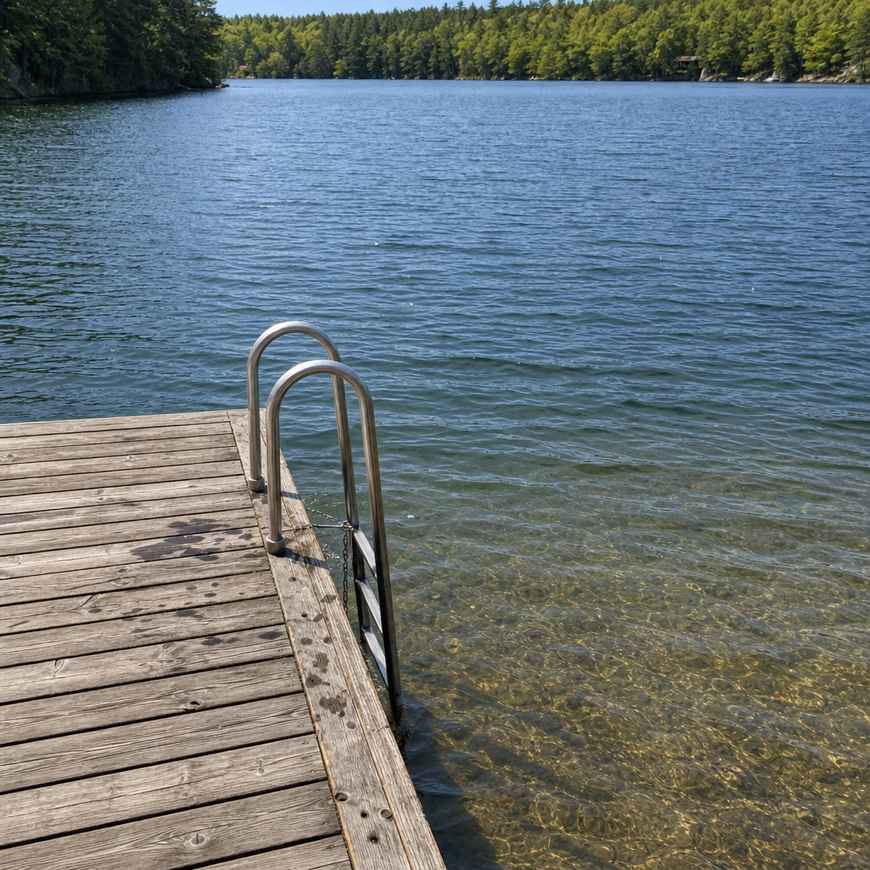 A wooden swim dock with a ladder going into a calm lake, no people