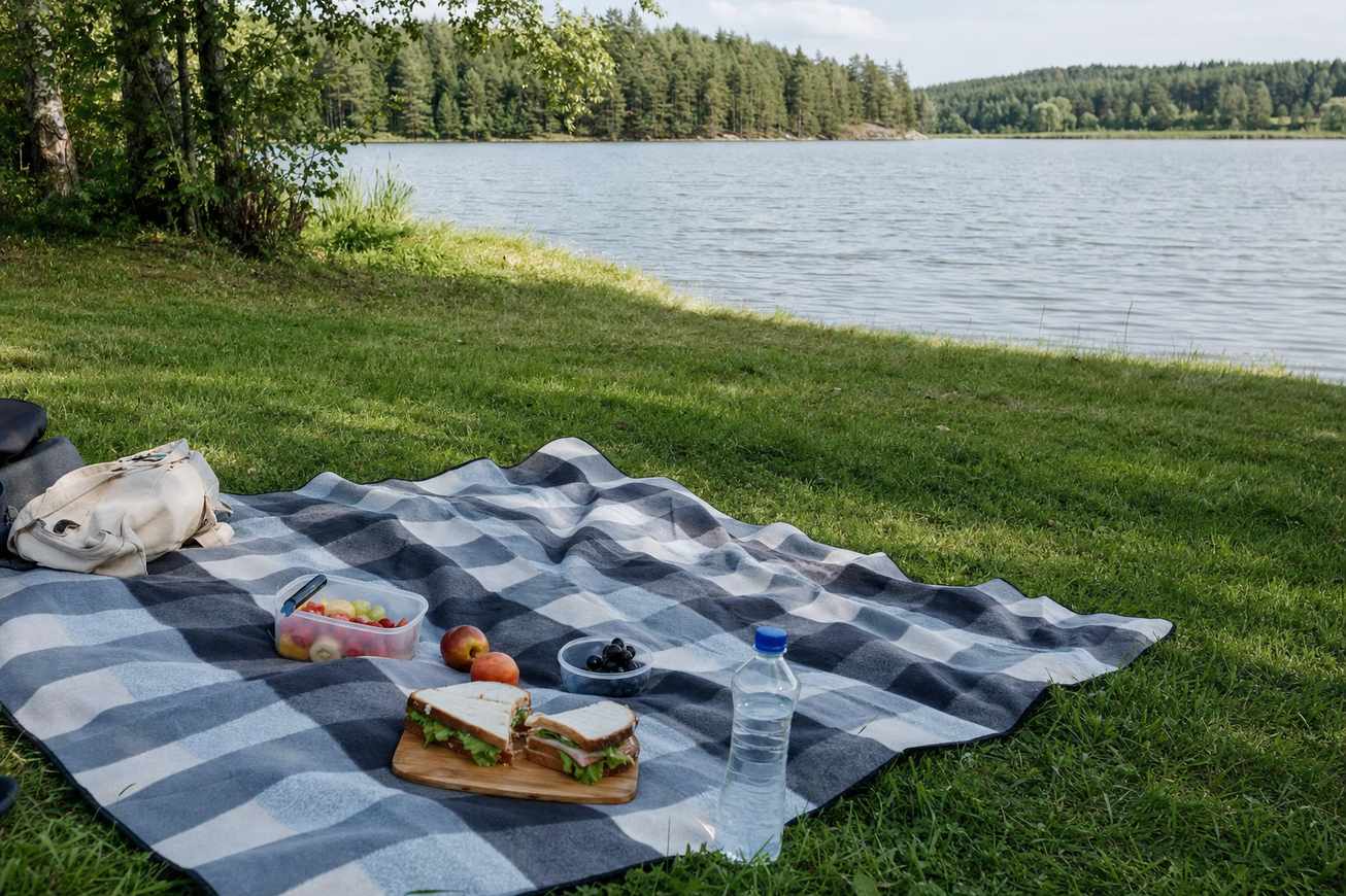 A picnic blanket on the grass by a lake with simple food laid out, no people