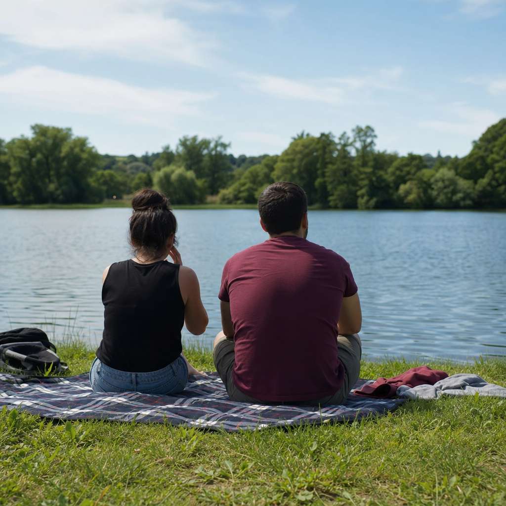 Two people sitting on a picnic blanket by a lake, seen from behind, looking at the water