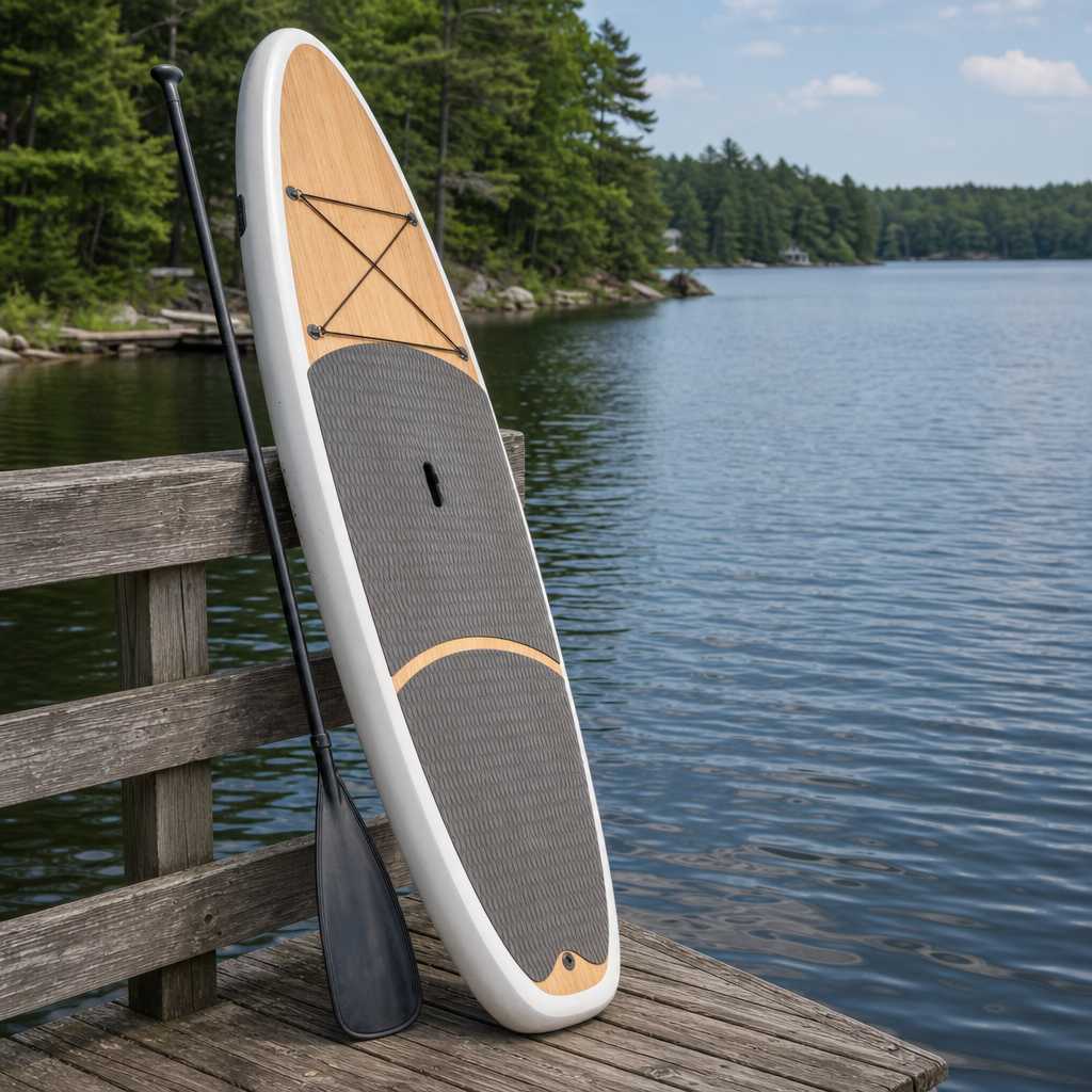 A stand-up paddleboard and paddle leaning on a wooden dock by a calm lake, no people