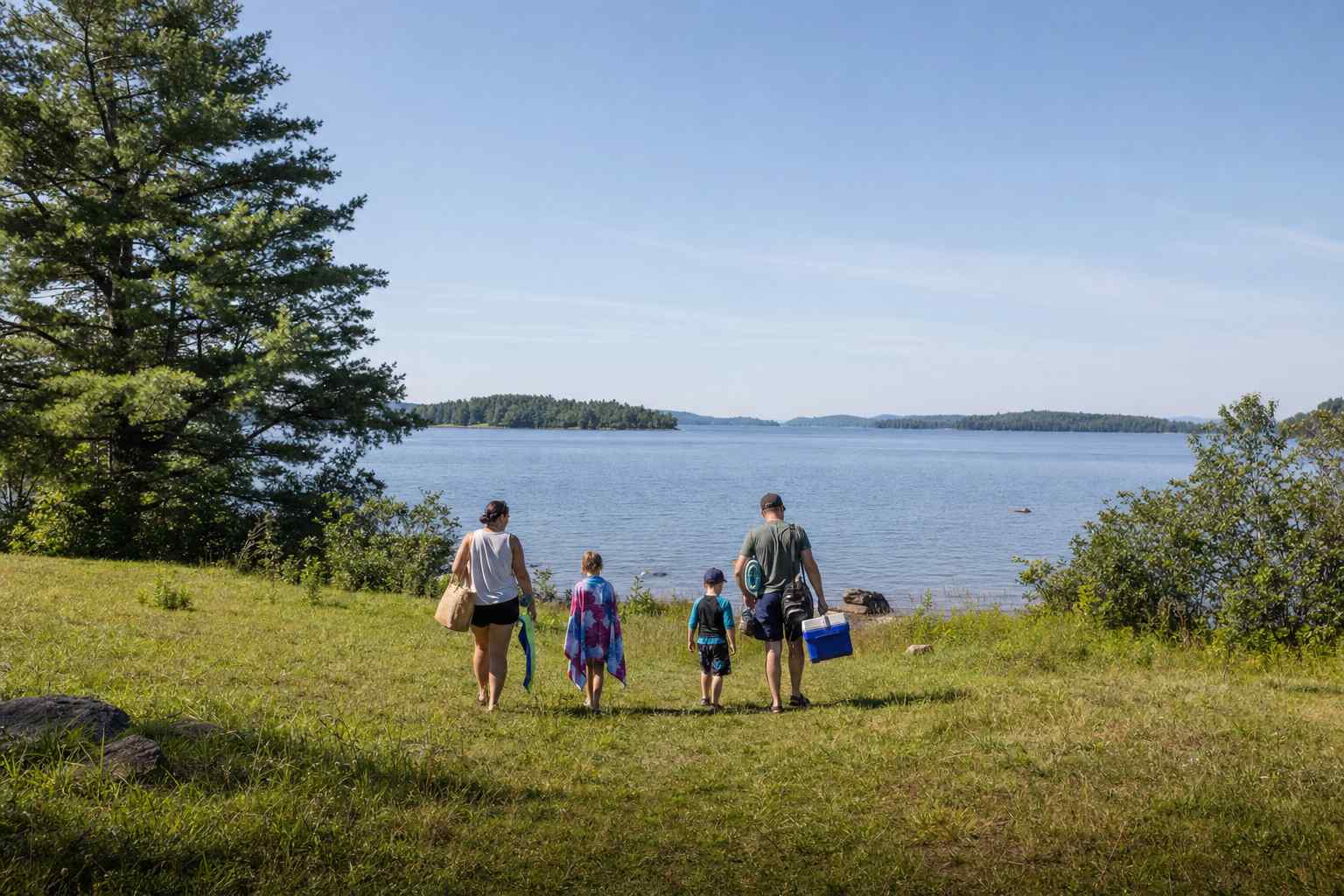 A small family arriving at a calm lake on a summer morning, carrying towels and a cooler toward a grassy shoreline