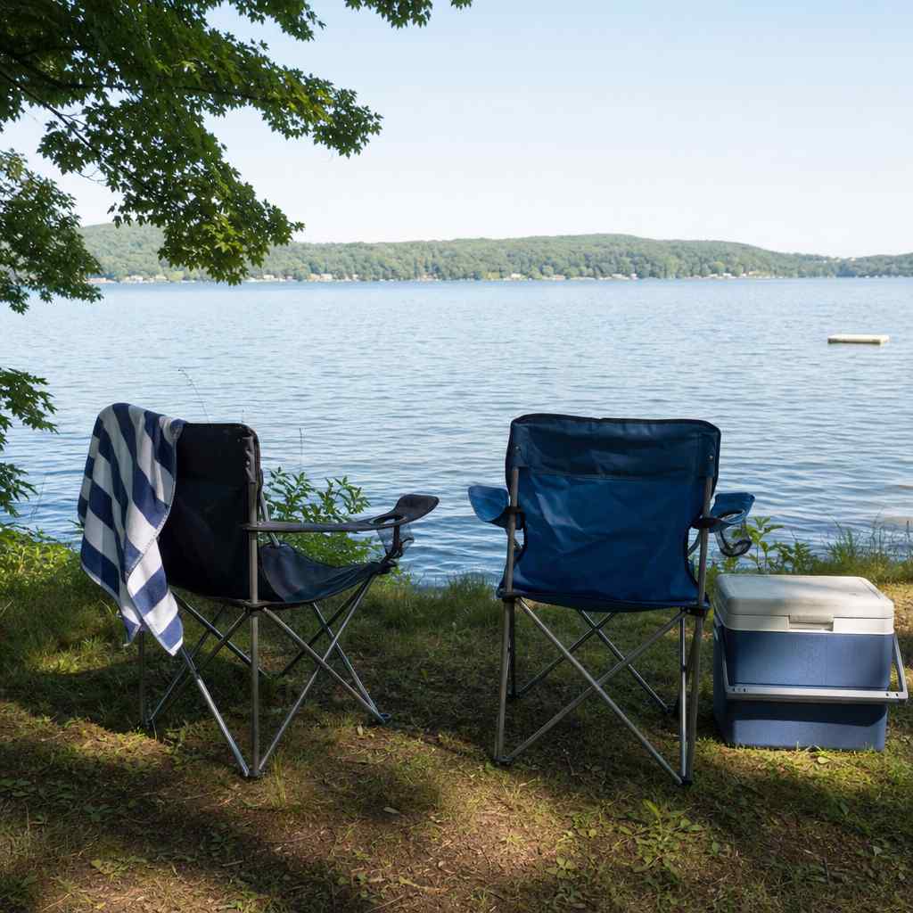 Two folding camp chairs and a cooler set up in the shade beside a calm lake, no people