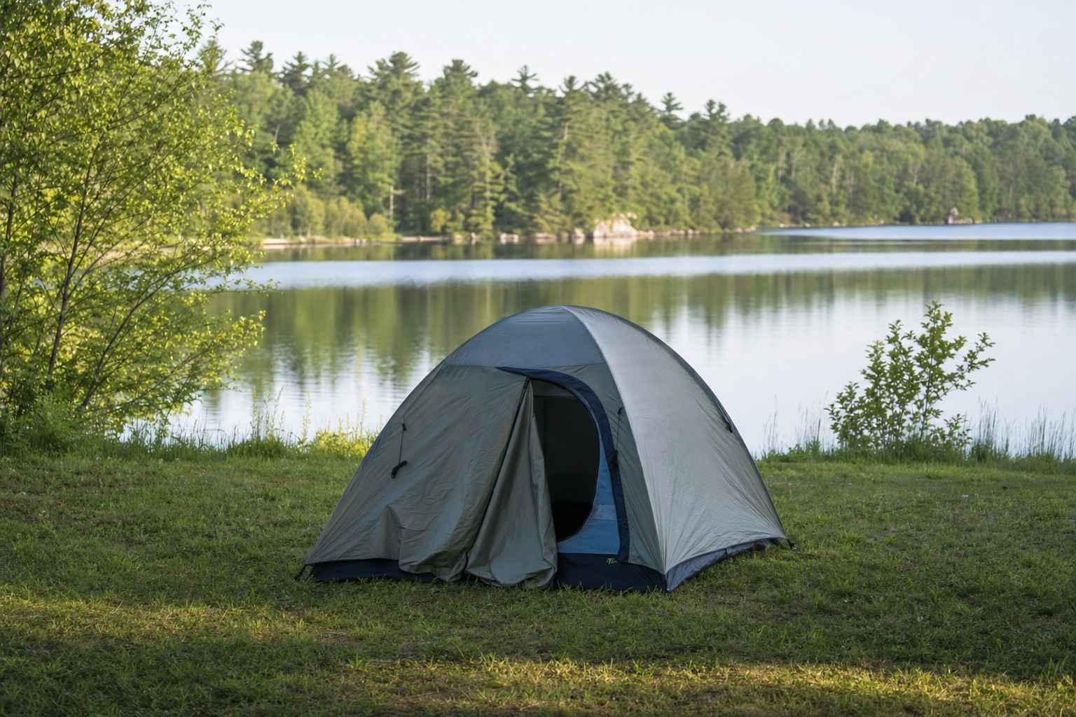 A small dome tent pitched on flat grassy ground set back from a calm lake