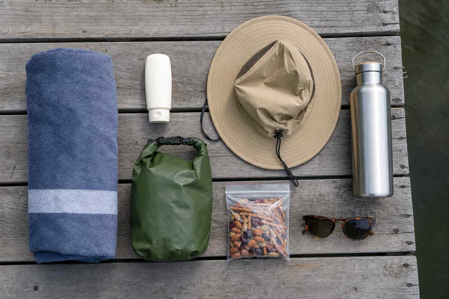 A simple lake-day packing list laid out on weathered wood: towel, sunscreen, hat, water bottle, dry bag and snacks