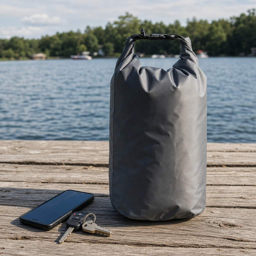 A dry bag with a phone and keys resting beside it on a sunlit wooden dock